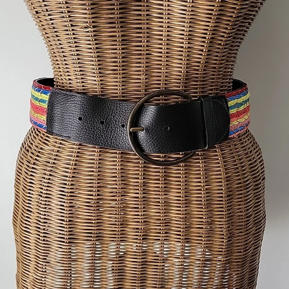 CHICO'S Black Leather Belt Woven with Sequins szS Bin7
